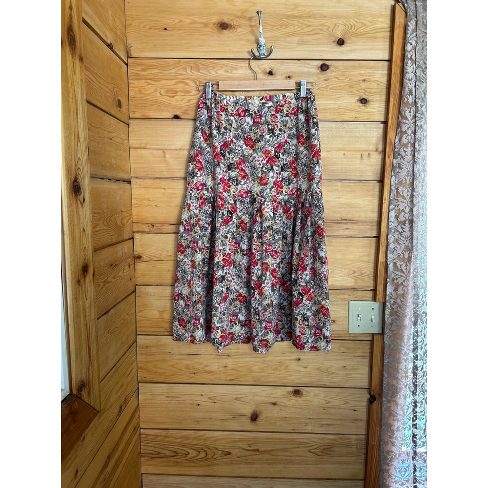 Vintage Floral Midi Skirt Womens Large Pink Rose Drop Waist Pleated Handmade 90s